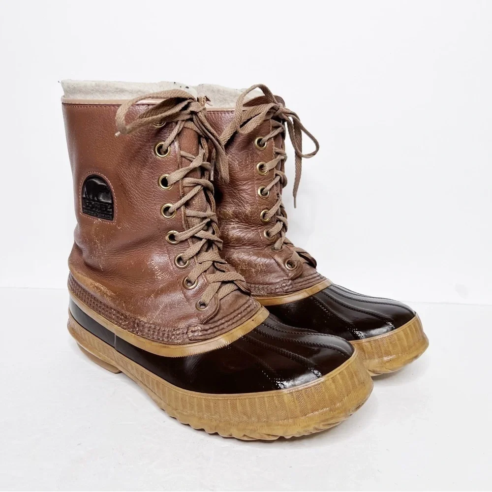 Vintage Sorel Tan Leather Insulated Waterproof Snow Winter Boots Size 8 Men’s